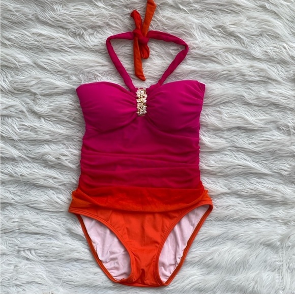 Lauren Ralph Lauren Pink Ombre One Piece Bikini Swimsuit Embellished Halter Sz S